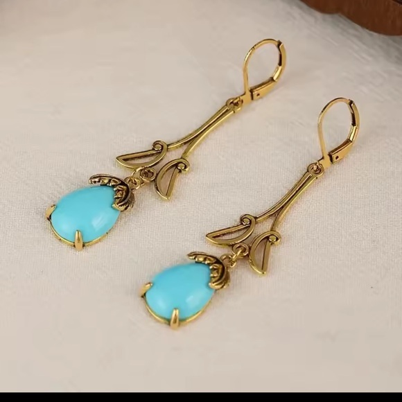 Gold-Tone Drop Earrings with Turquoise Teardrops — Women's Jewelry - Picture 3 of 5